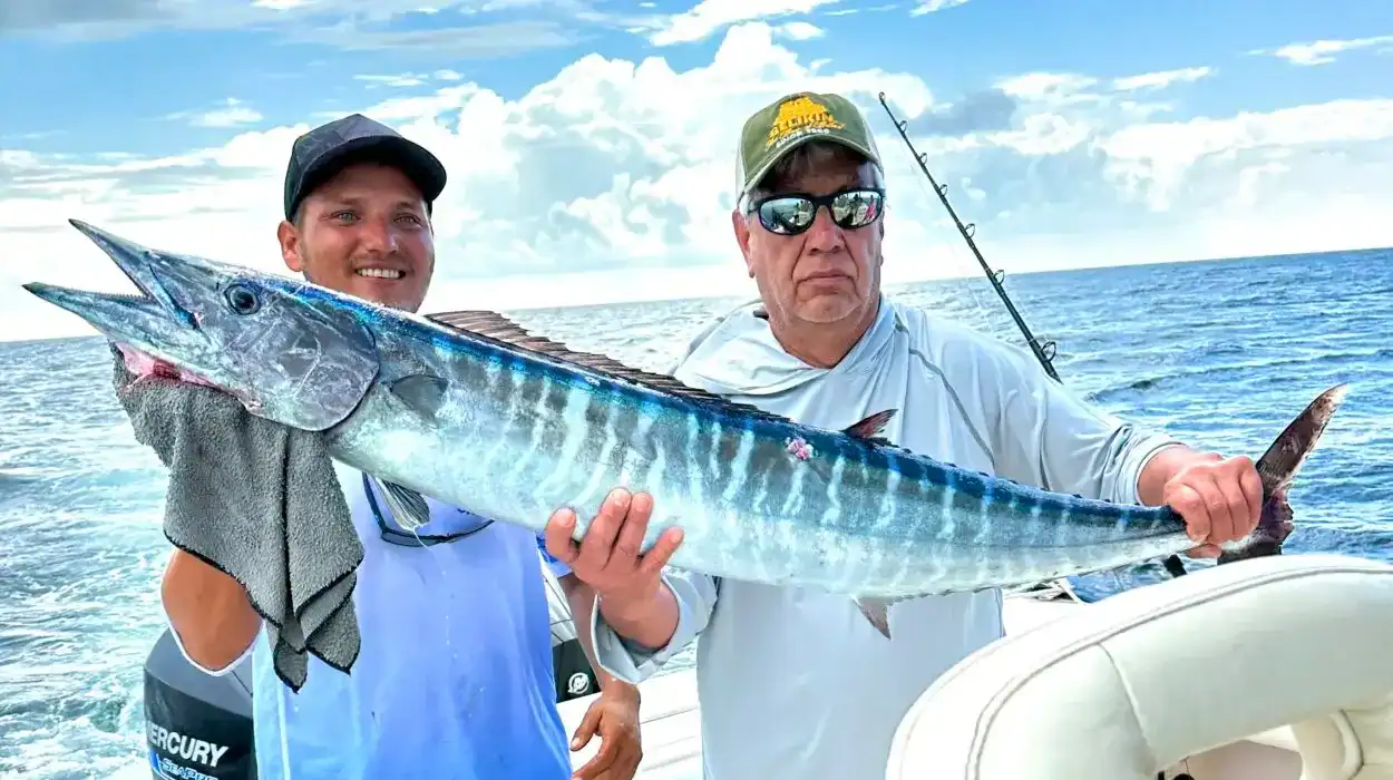Vibrant longtail marlin fishing in Belize with anglers on a charter boat under a partly cloudy sky.