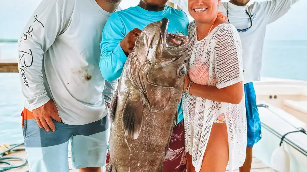 Large group of people holding a big fish after a successful Belize reef fishing trip, showcasing the excitement of Belize Reef Charters and offshore fishing adventures.