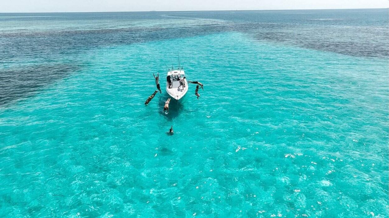 Vibrant Belize reef with people enjoying snorkeling and boat tours in crystal-clear turquoise waters. Ideal for adventurous travelers seeking Belize Reef Charters experiences.